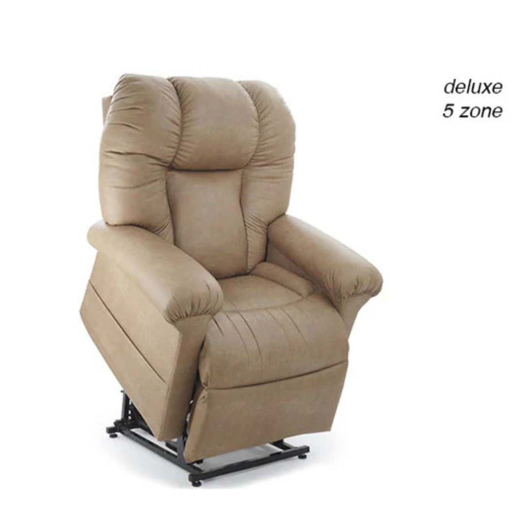 The Journey Perfect Sleep Reclining Lift Chair with Heat, in beige upholstery, features padded armrests and five-zone support for ultimate comfort. Partially lifted, it highlights Deluxe 5 Zone at the top right corner, emphasizing its therapeutic heat and massage benefits.